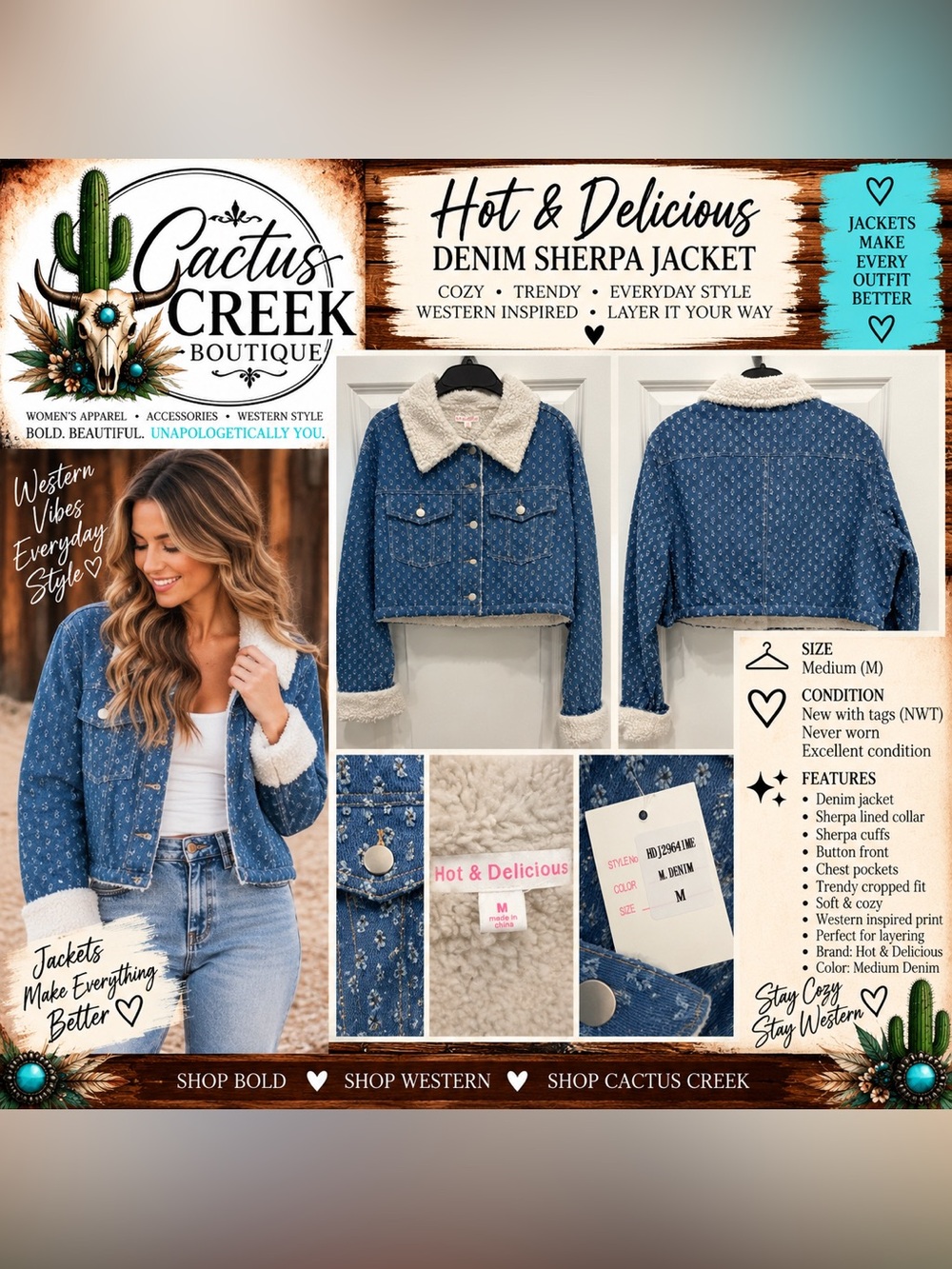 Hot & Delicious Blue Cropped Jean Jacket with White Sherpa Collar - Size M —NWT